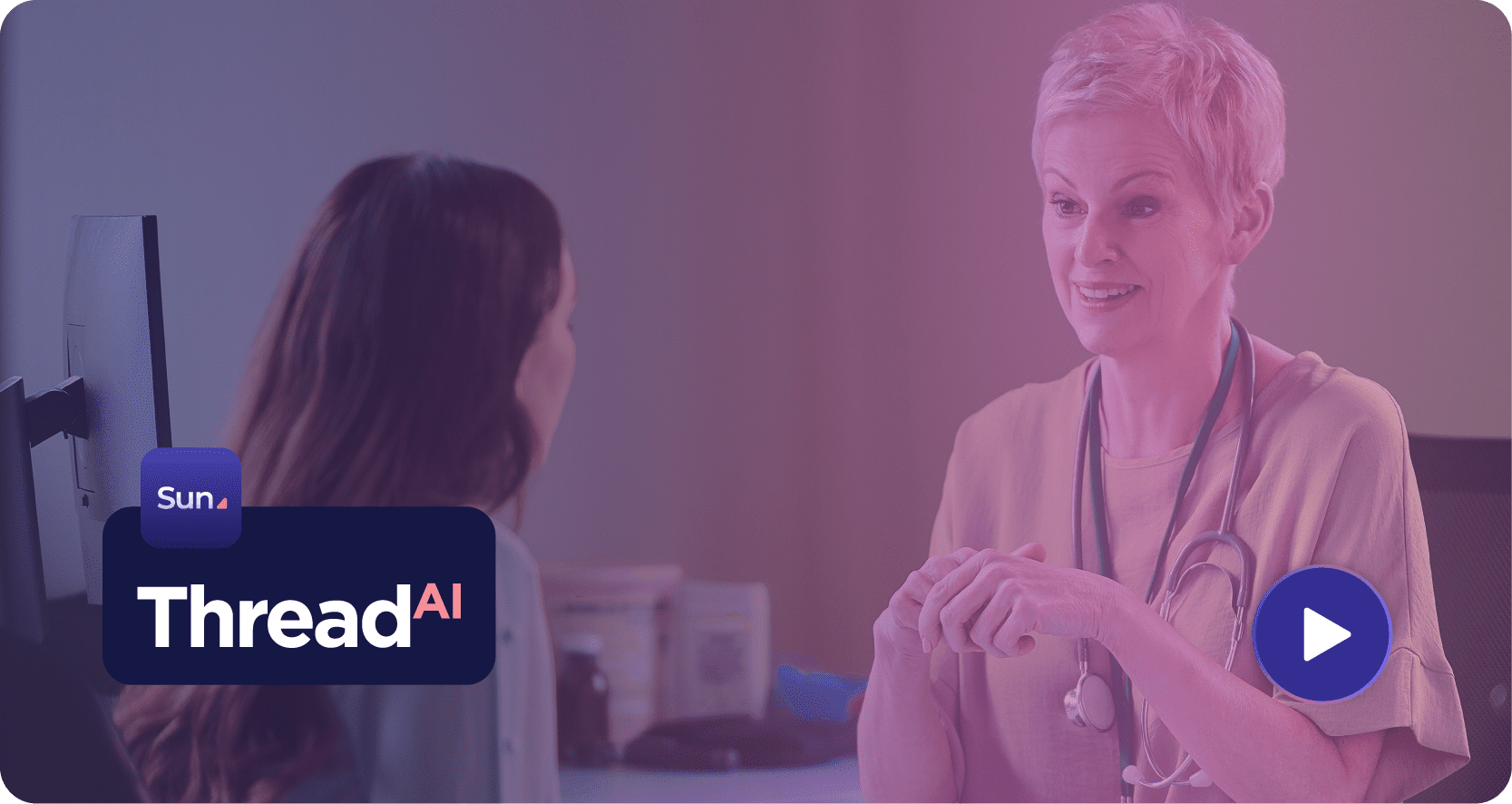 Clinician and patient with purple gradient